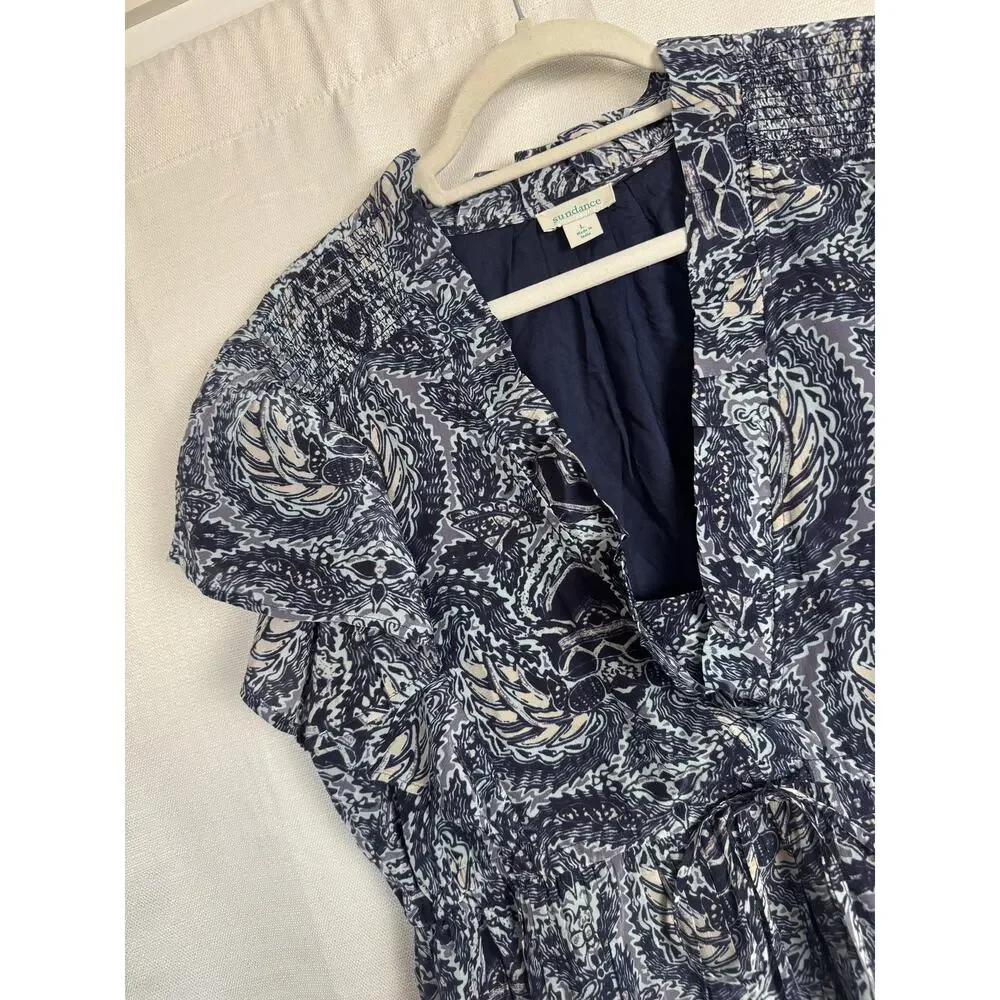 Sundance Blue White Print Dress Boho Flutter Sleeve Pockets L - Picture 7 of 7